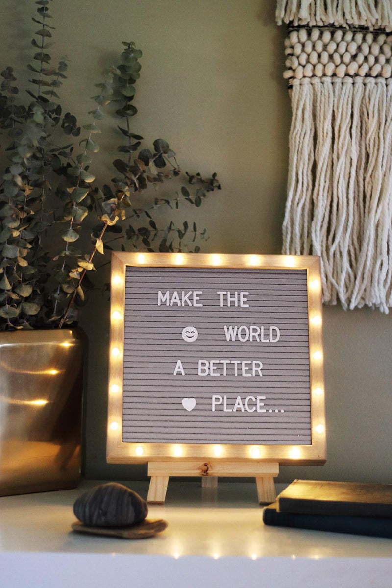 PMPX Letter Board THE ORIGINAL Gray Felt Board with Stand, Built-in LED Lights 10 x 10 -Menu Board + Wood Frame, 340 Letters, Emojis + Cursive words - Custom Sign Messages, Pregnancy Announcement, Weddings - Image 2